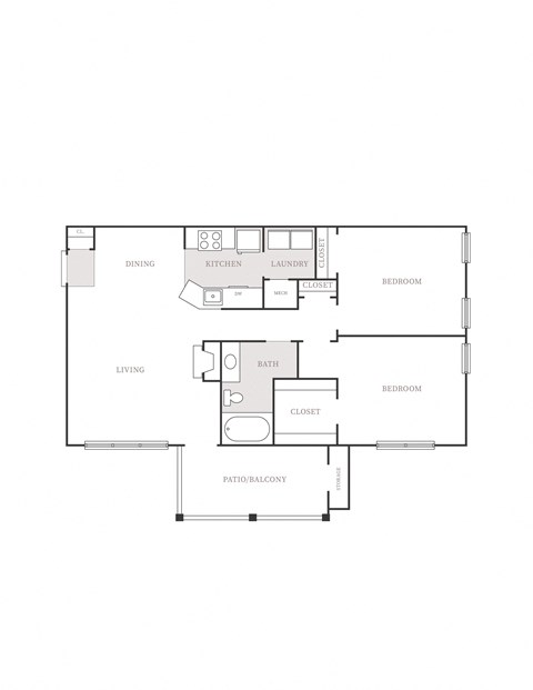 2 bed 1 bath floorplan at the Columns at Club Drive